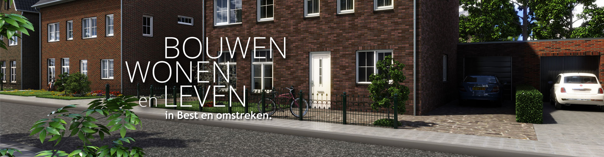 Straat met bakstenen woningen. In beeld staat: Bouwen, wonen en leven in Best en omstreken.