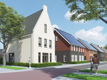 Nieuwbouwwoningen met zonnepanelen aan een groene straat in Dijkstraten.
